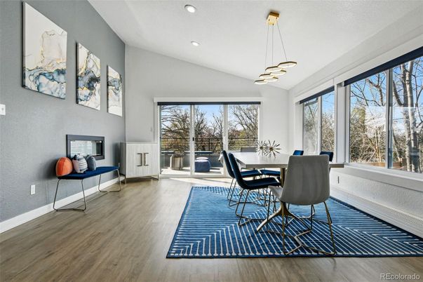 Dining room, Interior, Pendant Lights, Recessed Lighting, Wood Texture Flooring
