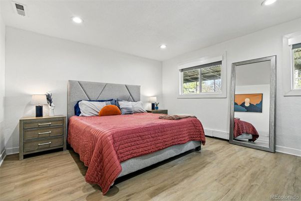 Bedroom, Interior, Recessed Lighting, Wood Texture Flooring