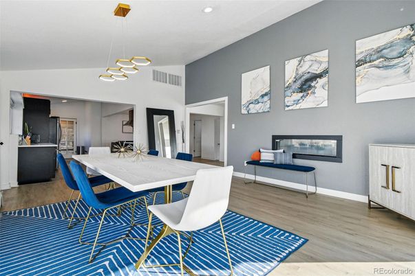 Dining room, Fireplace, Interior, Pendant Lights, Recessed Lighting, Wood Texture Flooring