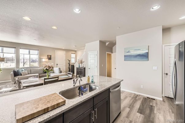 Interior, Kitchen, Living room, Recessed Lighting, Wood Texture Flooring