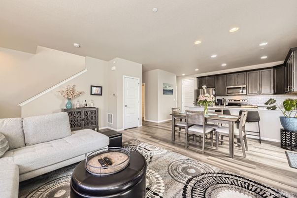 Dining room, Interior, Kitchen, Living room, Recessed Lighting, Stainless Steel Appliances, Wood Texture Flooring
