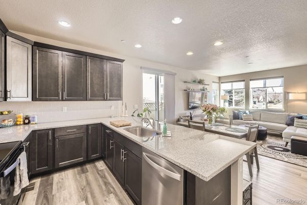 Interior, Kitchen, Living room, Recessed Lighting, Wood Texture Flooring