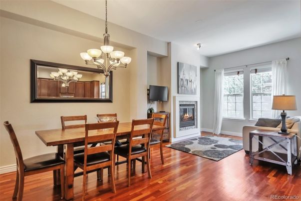 Chandelier, Dining room, Fireplace, Interior, Wood Texture Flooring