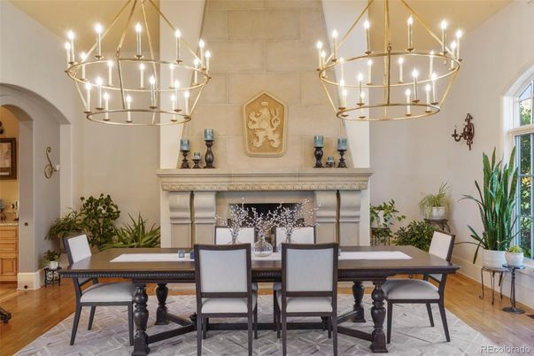 Chandelier, Dining room, Fireplace, Interior, Pendant Lights, Wood Texture Flooring