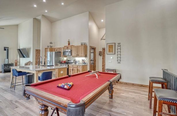Billiard Table, Game Room, Interior, Kitchen, Recessed Lighting, Wood Texture Flooring
