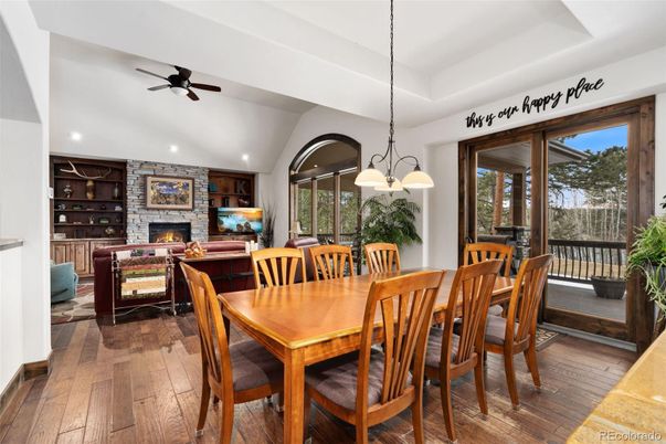 Dining room, Fireplace, Interior, Living room, Pendant Lights, Recessed Lighting, Stone Walls, Wood Texture Flooring