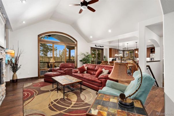 Dining room, Interior, Living room, Pendant Lights, Recessed Lighting, Wood Texture Flooring