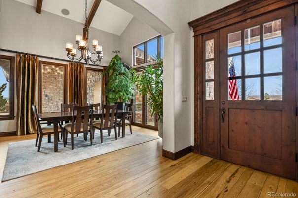 Chandelier, Dining room, Interior, Wooden Beams, Wood Texture Flooring