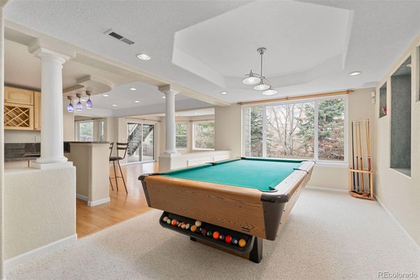Billiard Table, Game Room, Interior, Pendant Lights, Recessed Lighting, Wood Texture Flooring