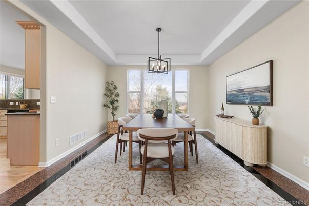 Dining room, Interior, Pendant Lights, Wood Texture Flooring