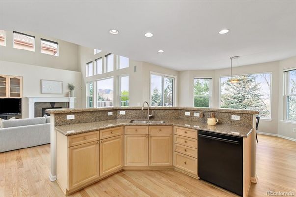 Fireplace, Interior, Kitchen, Living room, Pendant Lights, Recessed Lighting, Wood Texture Flooring