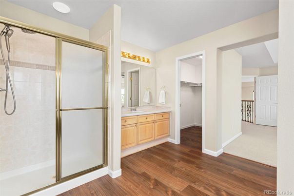 Bathroom, Glass Shower, Interior, Wood Texture Flooring