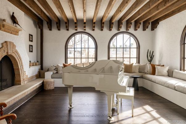Fireplace, Interior, Living room, Piano, Wooden Beams, Wooden Ceilings, Wood Texture Flooring
