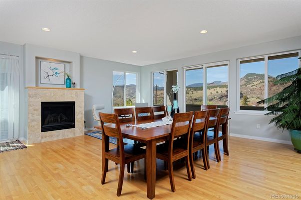 Dining room, Fireplace, Interior, Recessed Lighting, Wood Texture Flooring
