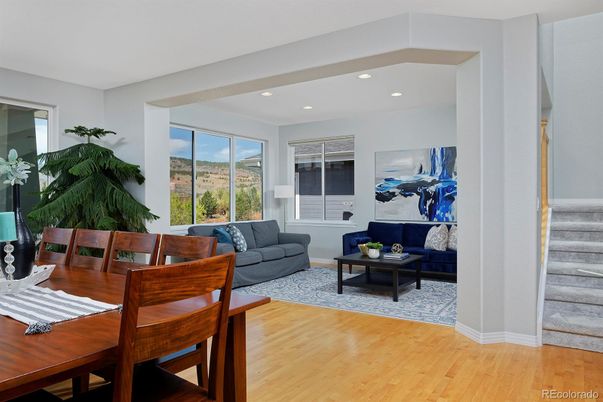Dining room, Interior, Living room, Recessed Lighting, Wood Texture Flooring