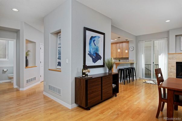 Fireplace, Interior, Pendant Lights, Recessed Lighting, Wood Texture Flooring