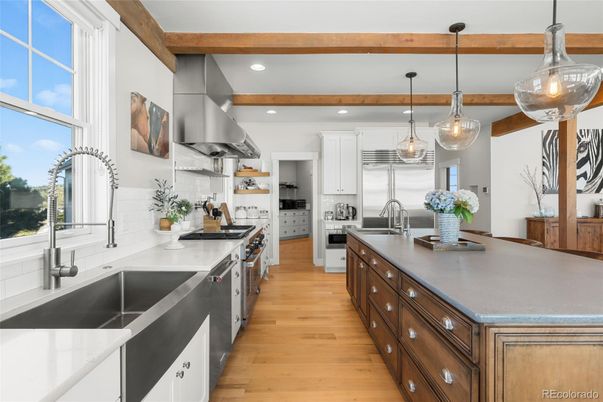 Interior, Kitchen, Pendant Lights, Recessed Lighting, Stainless Steel Appliances, Wooden Beams, Wood Texture Flooring