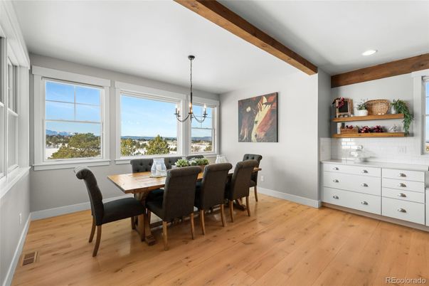 Dining room, Interior, Pendant Lights, Recessed Lighting, Wooden Beams, Wood Texture Flooring