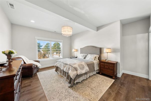 Bedroom, Chandelier, Interior, Recessed Lighting, Wood Texture Flooring
