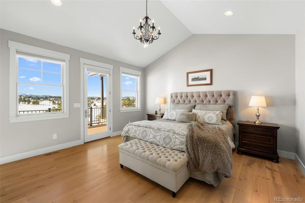 Bedroom, Chandelier, Interior, Pendant Lights, Recessed Lighting, Wood Texture Flooring