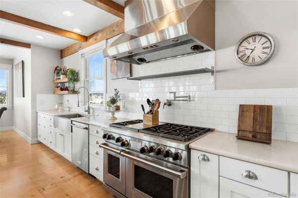 Interior, Kitchen, Recessed Lighting, Stainless Steel Appliances, Wooden Beams, Wood Texture Flooring