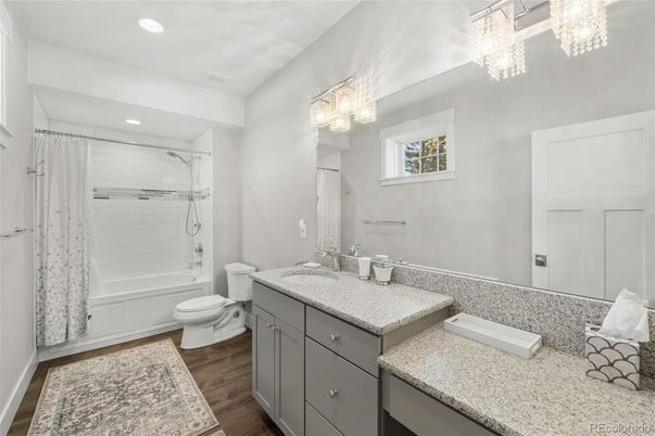 Bathroom, Dual Sink Vanities, Interior, Recessed Lighting, Wood Texture Flooring