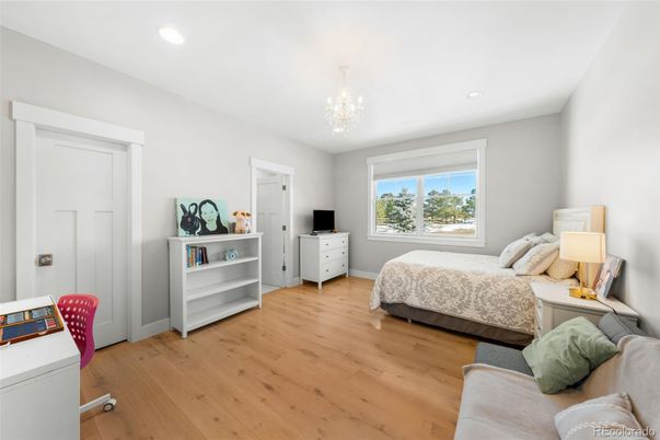 Bedroom, Chandelier, Interior, Recessed Lighting, Wood Texture Flooring