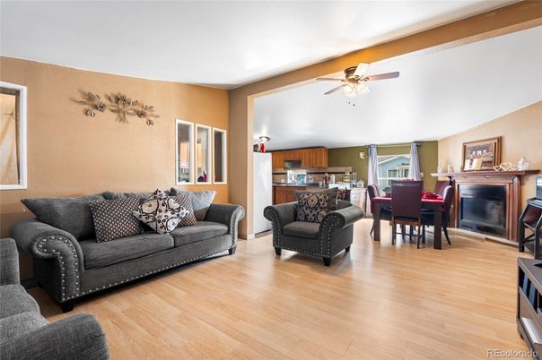 Dining room, Fireplace, Interior, Kitchen, Living room, Wood Texture Flooring