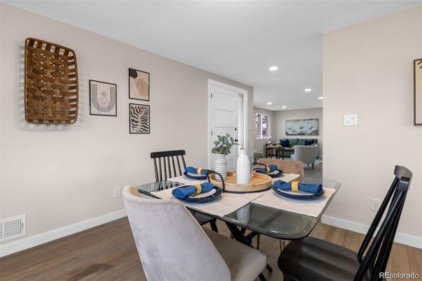 Dining room, Interior, Recessed Lighting, Wood Texture Flooring