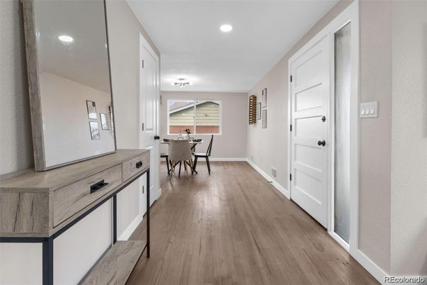 Dining room, Interior, Recessed Lighting, Wood Texture Flooring