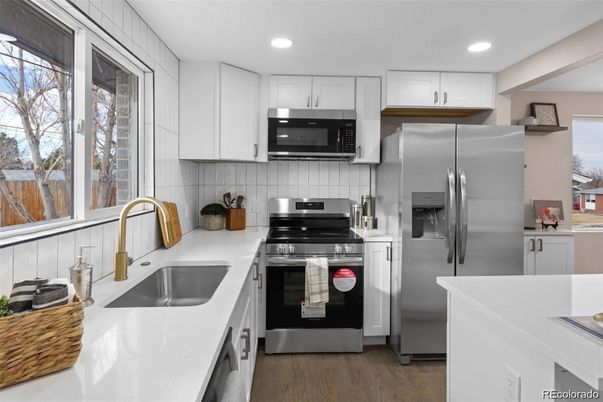 Interior, Kitchen, Recessed Lighting, Stainless Steel Appliances, Wood Texture Flooring
