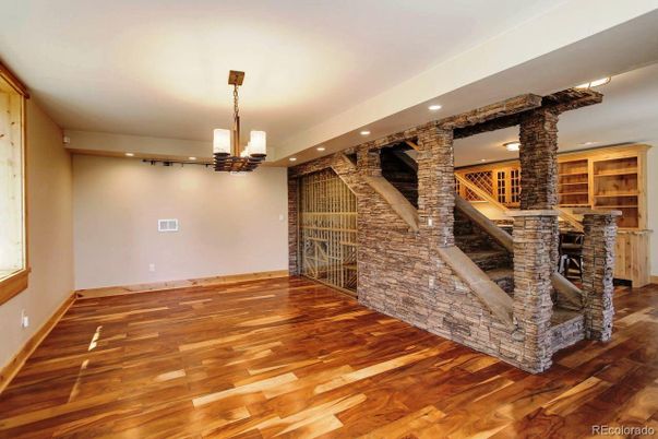 Interior, Pendant Lights, Recessed Lighting, Stone Walls, Wood Texture Flooring
