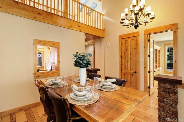 Chandelier, Dining room, Interior, Wood Texture Flooring