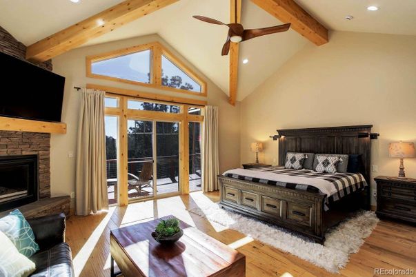 Bedroom, Fireplace, Interior, Recessed Lighting, Wooden Beams, Wood Texture Flooring