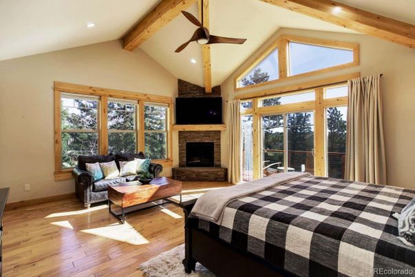 Bedroom, Fireplace, Interior, Recessed Lighting, Wooden Beams, Wood Texture Flooring