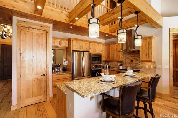 Interior, Kitchen, Pendant Lights, Recessed Lighting, Stainless Steel Appliances, Wooden Beams, Wooden Ceilings, Wood Texture Flooring