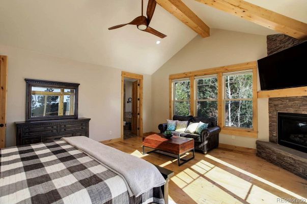 Bedroom, Fireplace, Interior, Recessed Lighting, Wooden Beams, Wood Texture Flooring