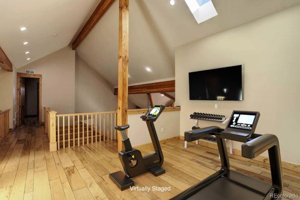 Fitness Equipment, Interior, Recessed Lighting, Wooden Beams, Wood Texture Flooring