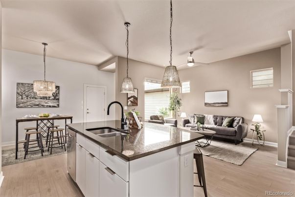 Dining room, Interior, Kitchen, Living room, Pendant Lights, Wood Texture Flooring
