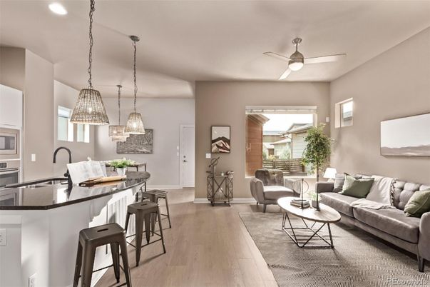 Interior, Kitchen, Living room, Pendant Lights, Recessed Lighting, Wood Texture Flooring