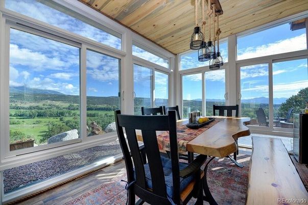 Dining room, Interior, Pendant Lights, Sun Room, Wooden Ceilings, Wood Texture Flooring