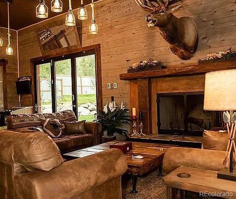 Fireplace, Interior, Living room, Pendant Lights, Wooden Ceilings, Wooden Walls
