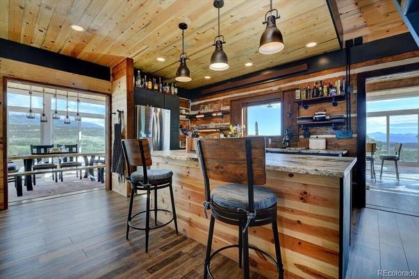 Dining room, Interior, Kitchen, Pendant Lights, Recessed Lighting, Wooden Ceilings, Wood Texture Flooring