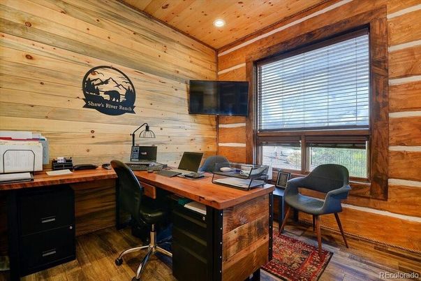 Home Office, Interior, Recessed Lighting, Wooden Ceilings, Wood Texture Flooring, Wooden Walls