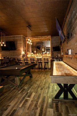 Billiard Table, Game Room, Interior, Pendant Lights, Wood Texture Flooring, Wooden Walls