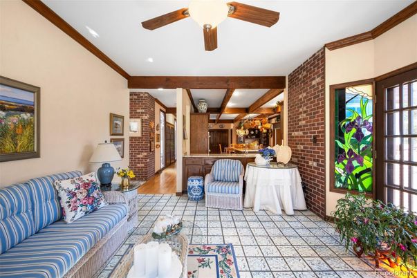 Interior, Kitchen, Living room, Recessed Lighting, Stone Walls, Wood Texture Flooring