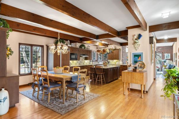 Chandelier, Dining room, Interior, Kitchen, Wooden Beams, Wood Texture Flooring