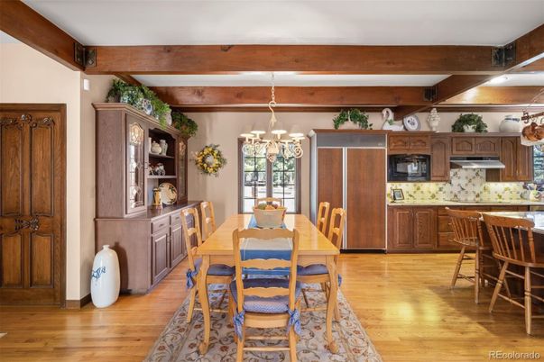 Chandelier, Dining room, Interior, Kitchen, Wooden Beams, Wood Texture Flooring