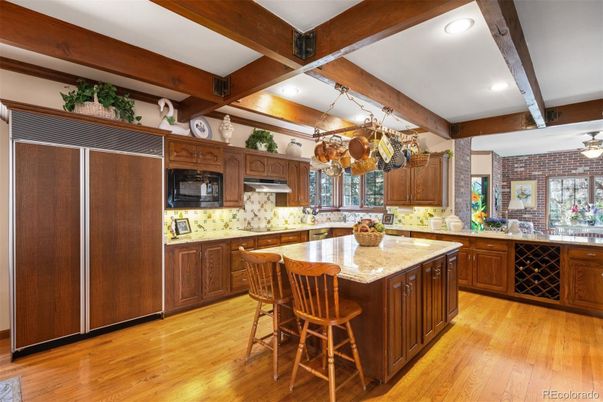 Interior, Kitchen, Recessed Lighting, Stone Walls, Wooden Beams, Wood Texture Flooring