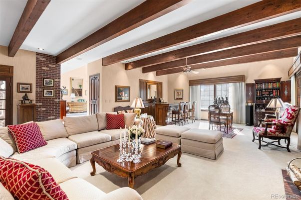 Interior, Living room, Recessed Lighting, Stone Walls, Wooden Beams